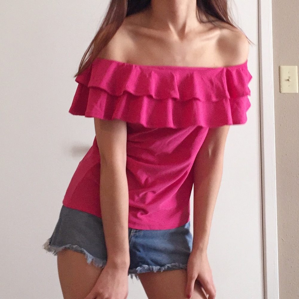 NWT Nasty Gal hot pink ruffle off shoulder top - Picture 2 of 7